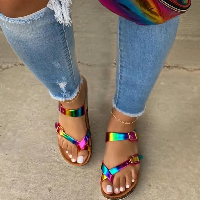 

Buckle Slip-On Flat With Thong Shoes Rainbow Color Sandals Women Gradient Slippers