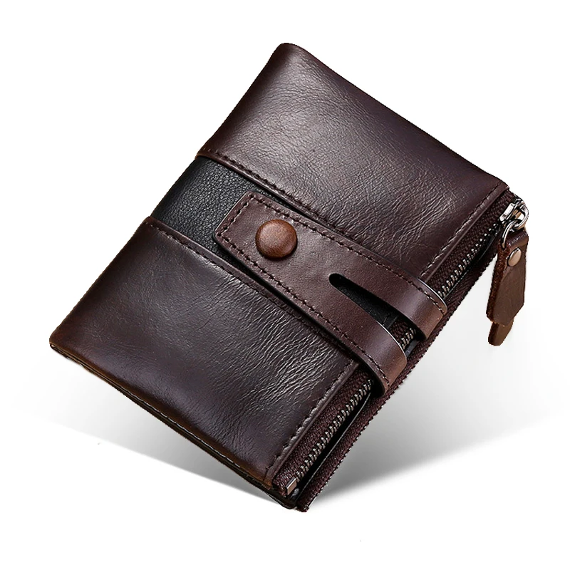 

Mix color design genuine leather double zipper men short wallet