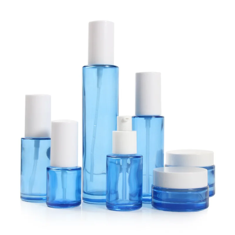 

4oz skincare container 100ml 120ml cosmetic packaging set face lotion bottle press pump blue glass bottles