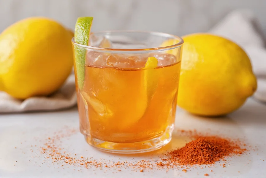 Close-up of a cayenne pepper lemon shot in a small glass with fresh lemon wedge and cayenne pepper flakes nearby