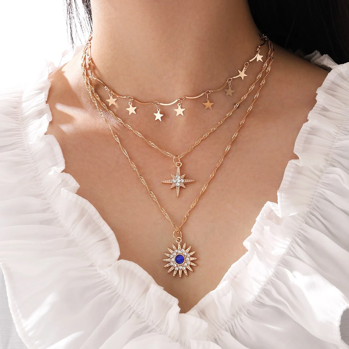 

3pcs Women's Personalized zircon set octagon pendant multi-layered necklace