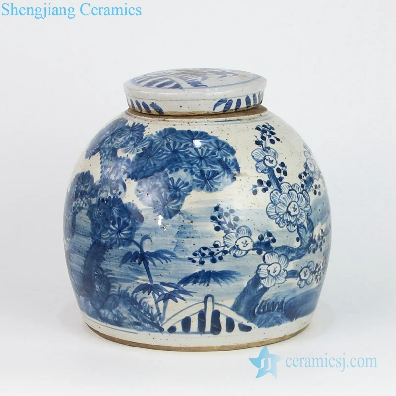 

RZEY16-S-E Old looking hand painted pine bamboo winter sweet clay jar