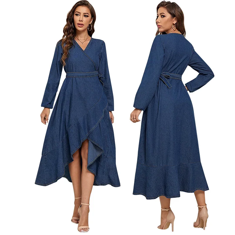 Y218515 Trendy Plus Size Denim Dresses Women Casual Lace up Long Sleeve Irregular Long Dress Women Jeans Dresses for Ladies