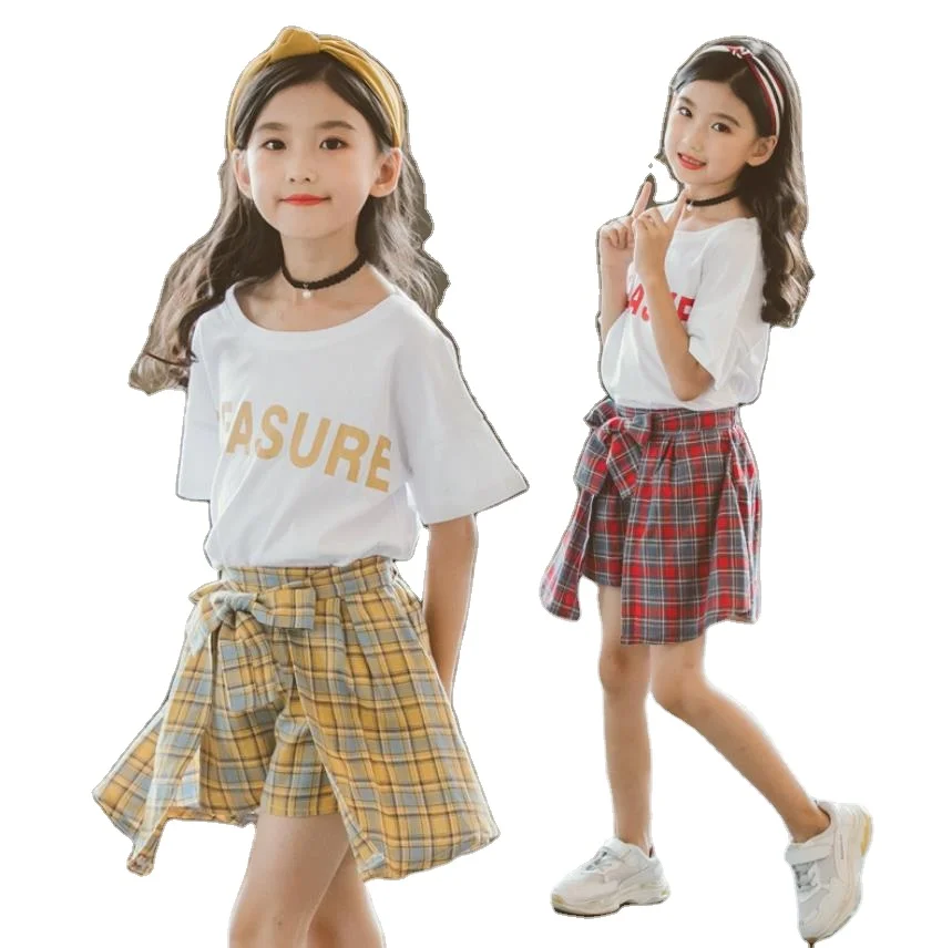 

Guangdong factory big kids summer suits baby girls' cotton clothing sets children letter printed shirts and plaid skirts, As picture