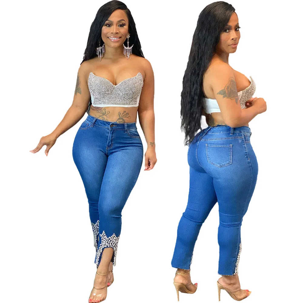 

2021 hot selling women's new fashion jeans three dimensional nail bead crown decoration girls slim casual oversize jeans