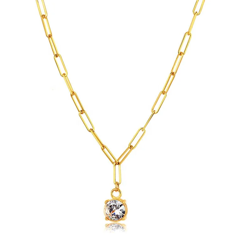 

New Fashion Wedding Party Jewelry Gold Plated Paperclip Oval Link Chain Big Crystal Pendant Necklaces for Women, Gold color