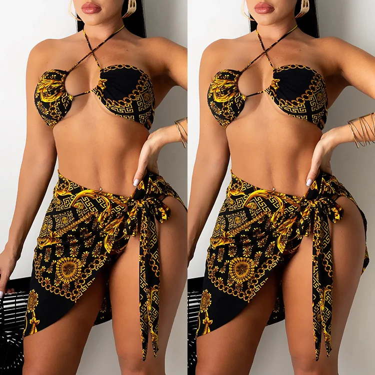 

Fanli Women Sexy three-piece Floral Print 3 Pieces Pcs Swimwear Mini Micro Bikini Set with Mesh Cover Up