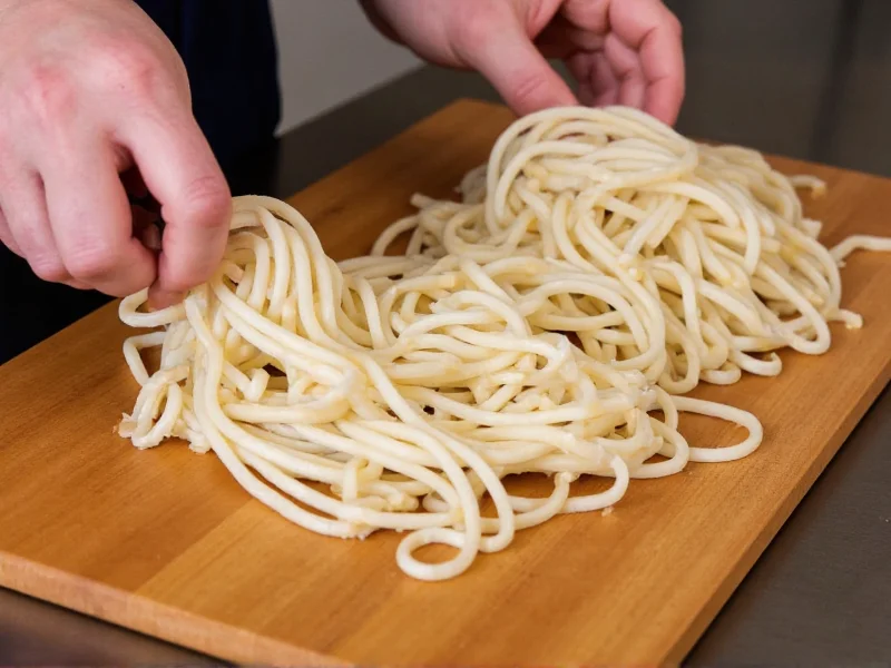 Hand-rolling fresh ramen noodles on wooden board
