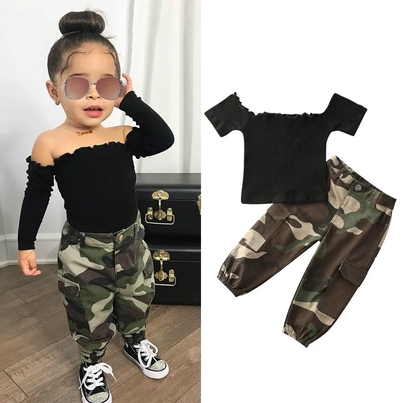 

2020 Amazon Summer Children Black Ribbed Short Sleeve Off Shoulder T Shirts Tops+Camouflage Pants 2Pcs Kids Girls Clothes Set, Picture shows