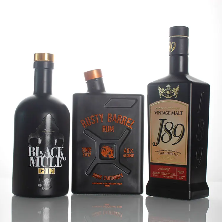 

750ml 700ml bespoke silk screen decal printing spraying embossing logo black vodka gin rum whiskey whisky glass bottle