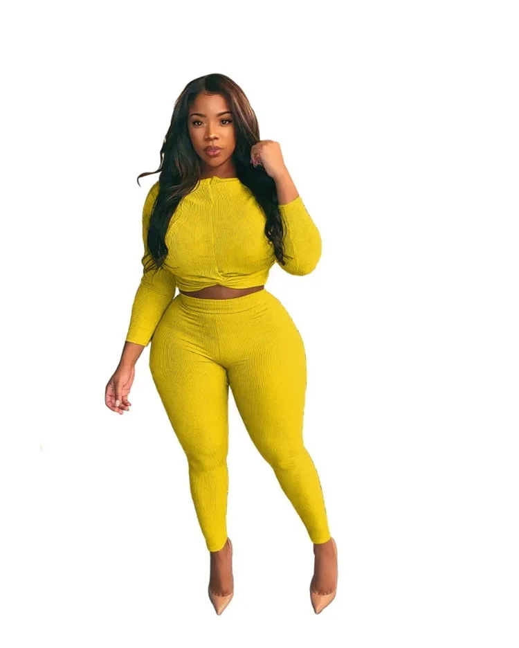 New Fashion Lady 2 Pcs Crop Tops Pants Solid Color Plus Size Tracksuit Autumn Women Two Piece Set