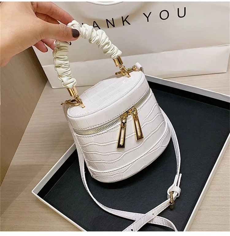 

Ladies Pu Leather Alligator Mini Bucket Purse Shoulder Crossbody Woman Bags Luxury Handbags, White, khaki, black, brown