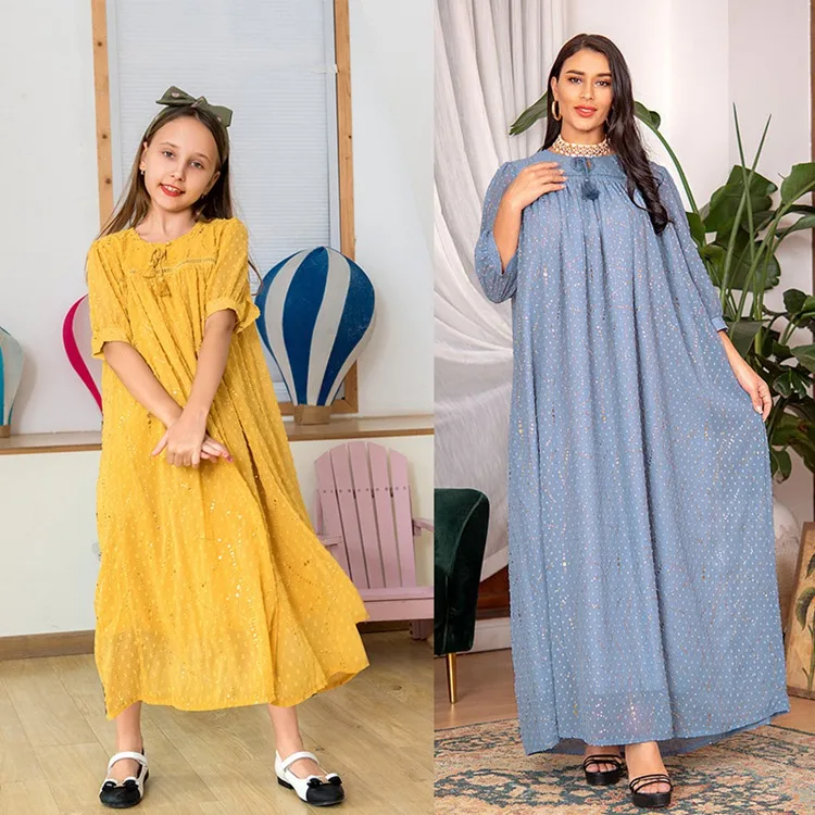 

Middle East Dubai Muslim Bronzing Matching Outfits Clothes Kaftan Dress Abaya For Mother And Daughter