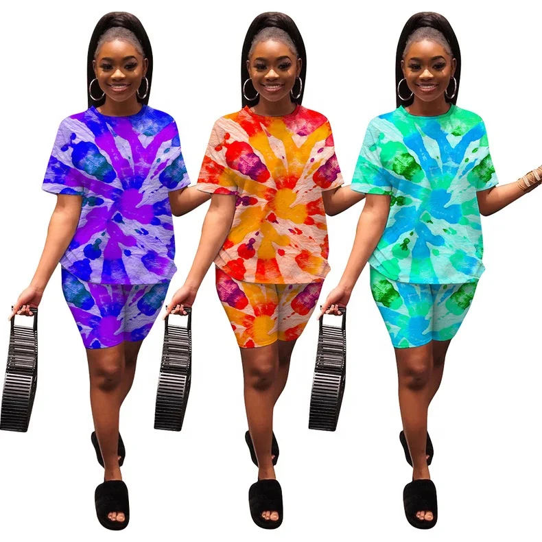

MT114-2028 2021 wholesale summer ladies sexy tie-dye printed casual sportswear shorts suit 2 piece set women