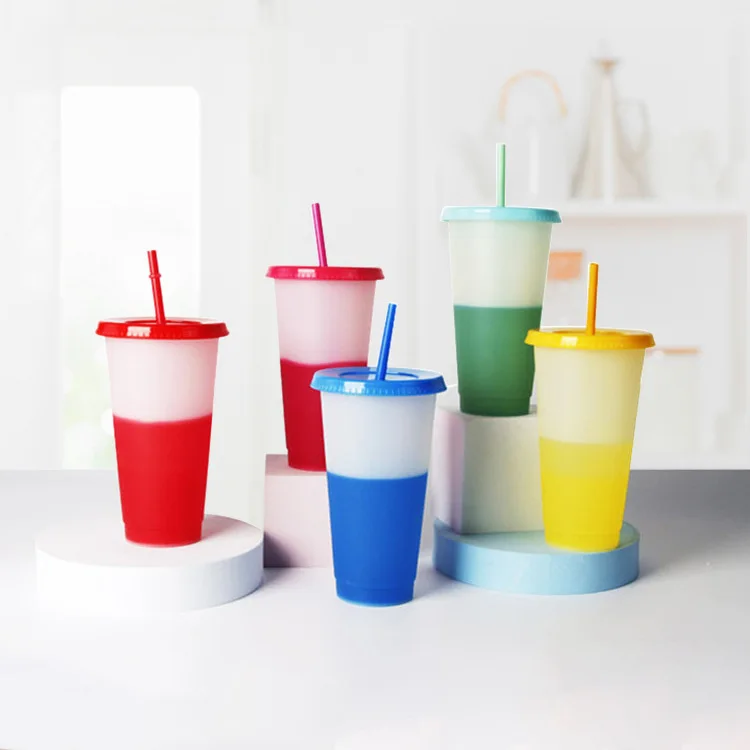 

Body color changing plastic straw cup 710ml temperature sensitive pp cold beverage color changing cup, Customized colors