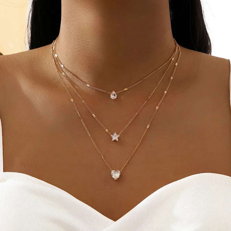 

Hot selling fashion simple multi-layer five-pointed star love water drop pendant retro necklace clavicle chain