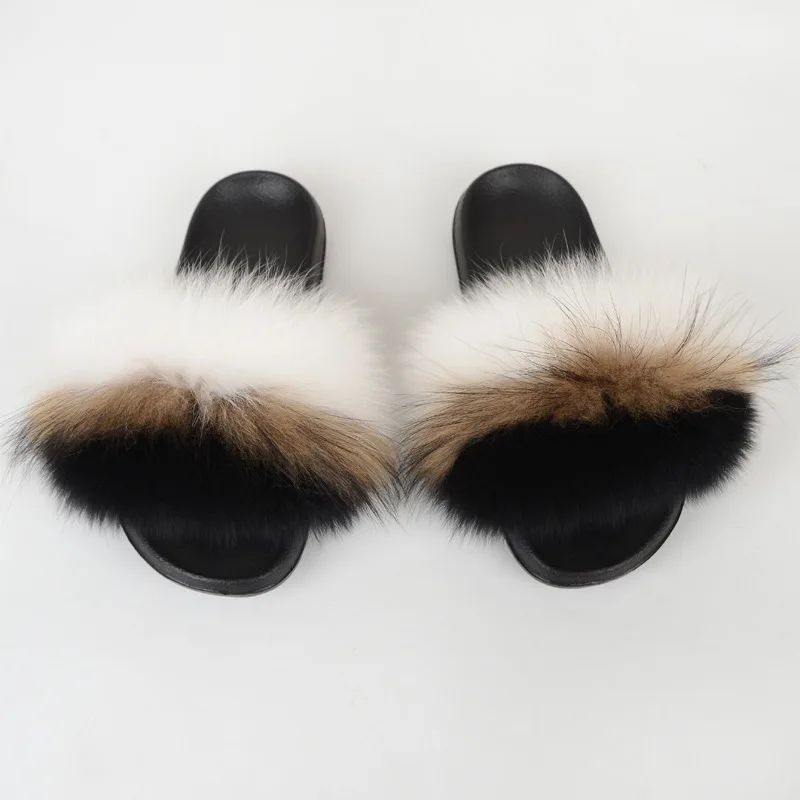 

Women Girls Custom Logo Furry Soft Real Fox Fur Sandals Sliders, 60 colors