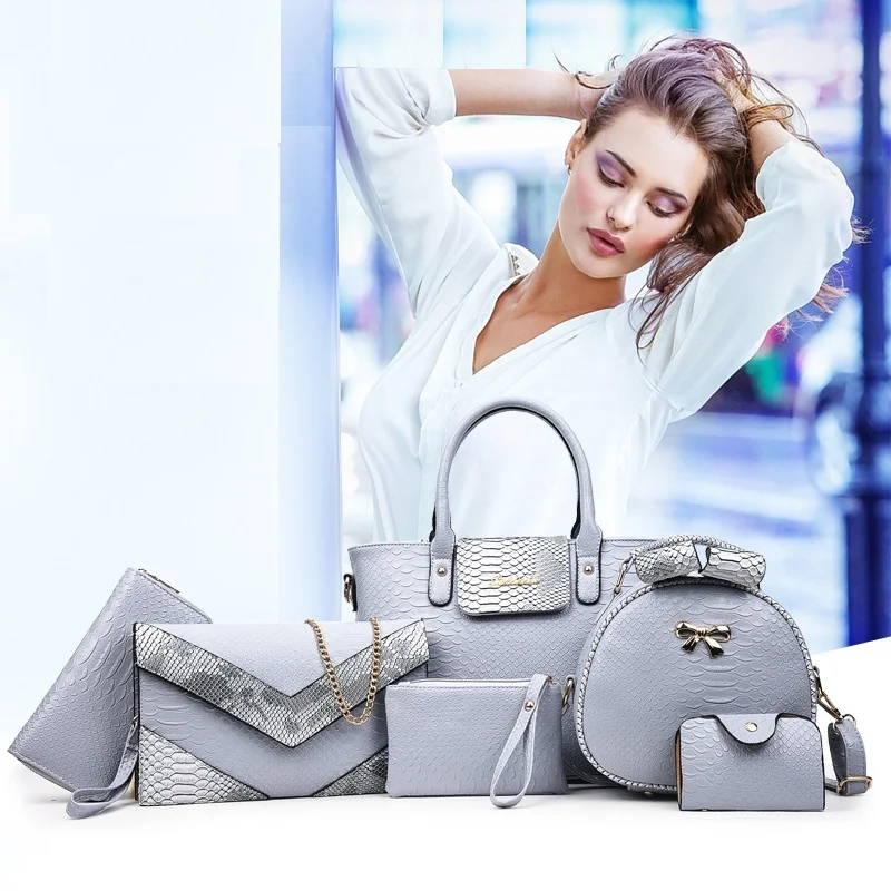 

HONGRUI China factory 2021 wholesale tote bag 6pcs handbags set hand bag women, Gray, black, purple, pink, beige, blue