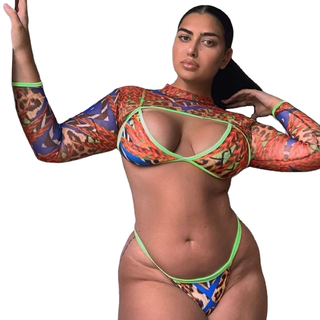 

Leopard Print Bikini Sets Long Sleeve Top Triangle With Beach Swimsuit With Cover Up