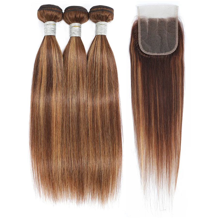 

Cuticle Aligned Virgin Brazilian Hair Bundles With Closure, 4/27 Mixed Color Straight Human Hair Bundles With Frontal Closure