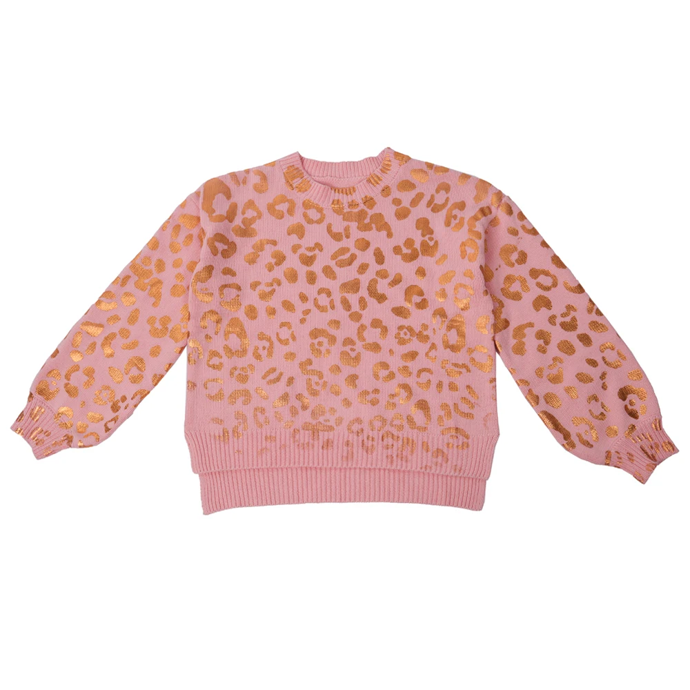 

Wholesale New Design Peachy Beige Woman and Girls Custom Knitted Hot Stamping Leopard Print Sweater, As pic