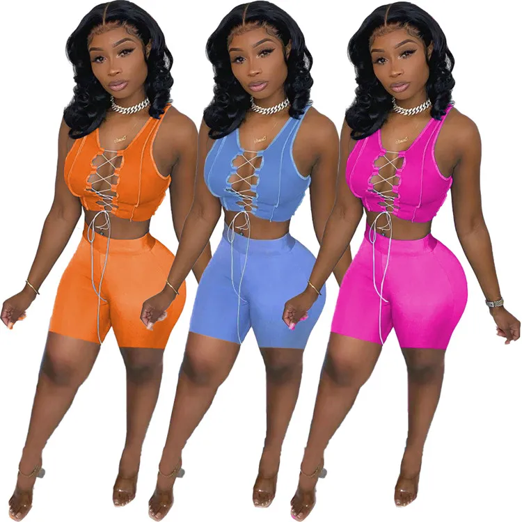 

Women suit Solid color Sleeveless Lace Up Crop Tops Set High Waist Elastic Shorts 2 Piece Casual Streetwear