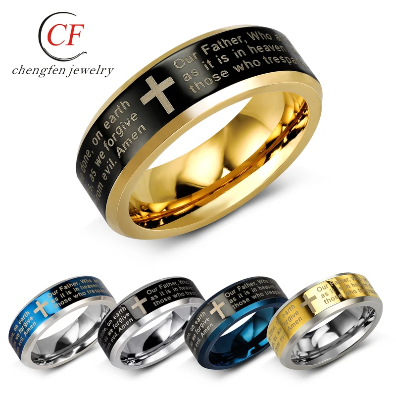 

Hot Sales Roman Cross Laser Engraved English Letter Multi-color Stainless Steel Ring