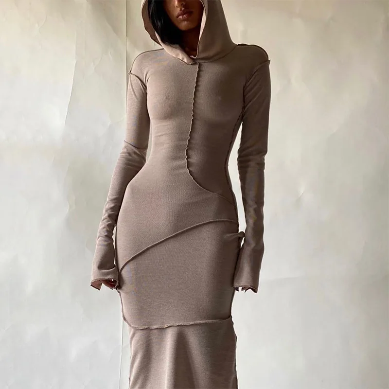 

HT Casual Fitted Hooded Maxi Dresses Contrast Line Long Dress, Picture show