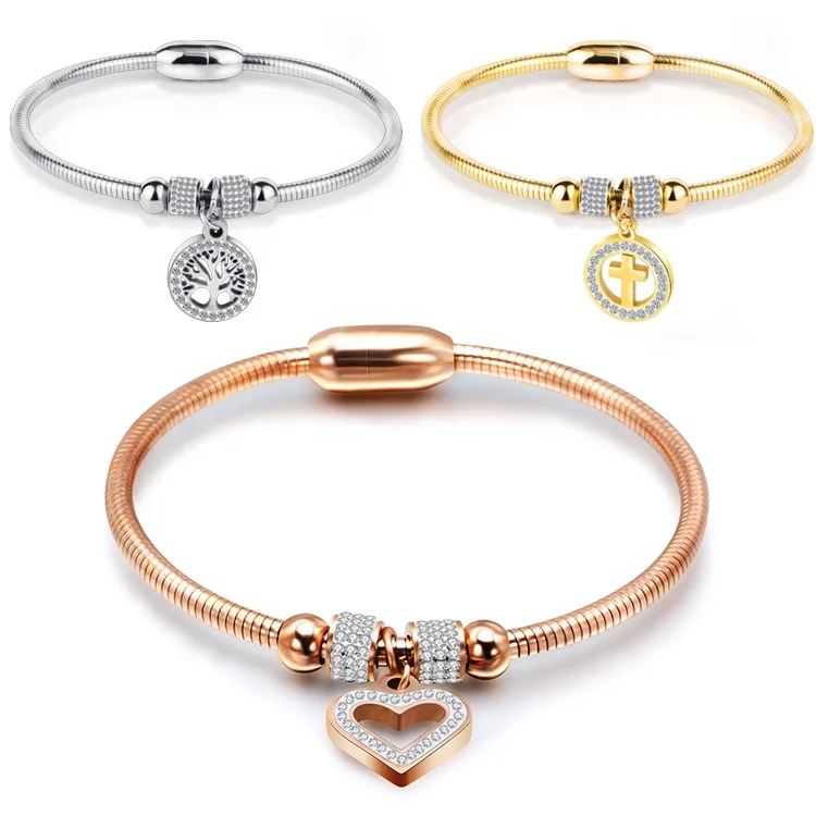 

Hot Luxury Rose Gold Stainless Steel Bracelet Bangles Female Love Heart Charm Bracelet for Women Jewelry Life tree bracelet