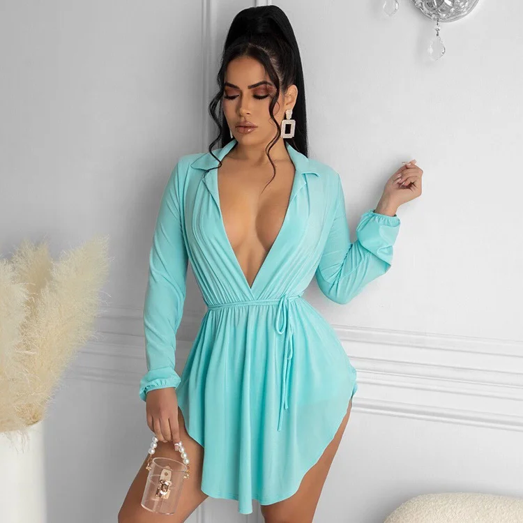 

2022 Spring fashion Clothing Sexy Low Cut Long Sleeve mini Dress Lady plus size elegant casual loose Dresses For Women, Light blue,pink,black,purple,red