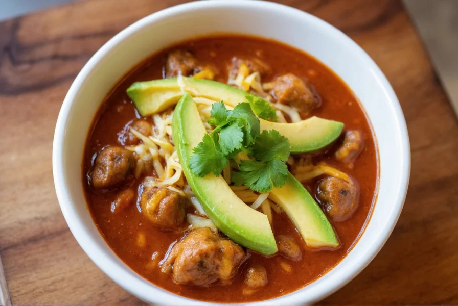 Finished bowl of authentic green chili chicken stew with melted cheese, avocado slices, and cilantro garnish on wooden table