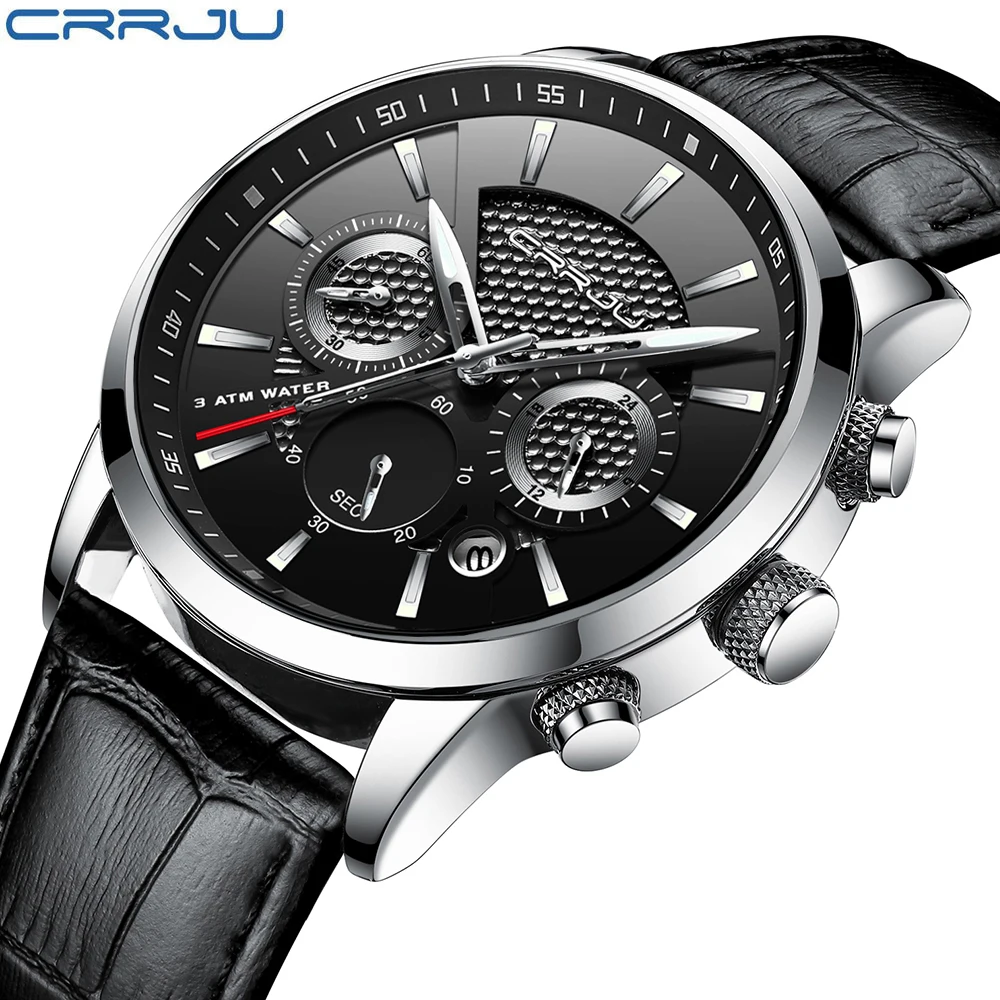

CRRJU factory New fashion 30M Waterproof Leather Band men watches quartz, 4 colors
