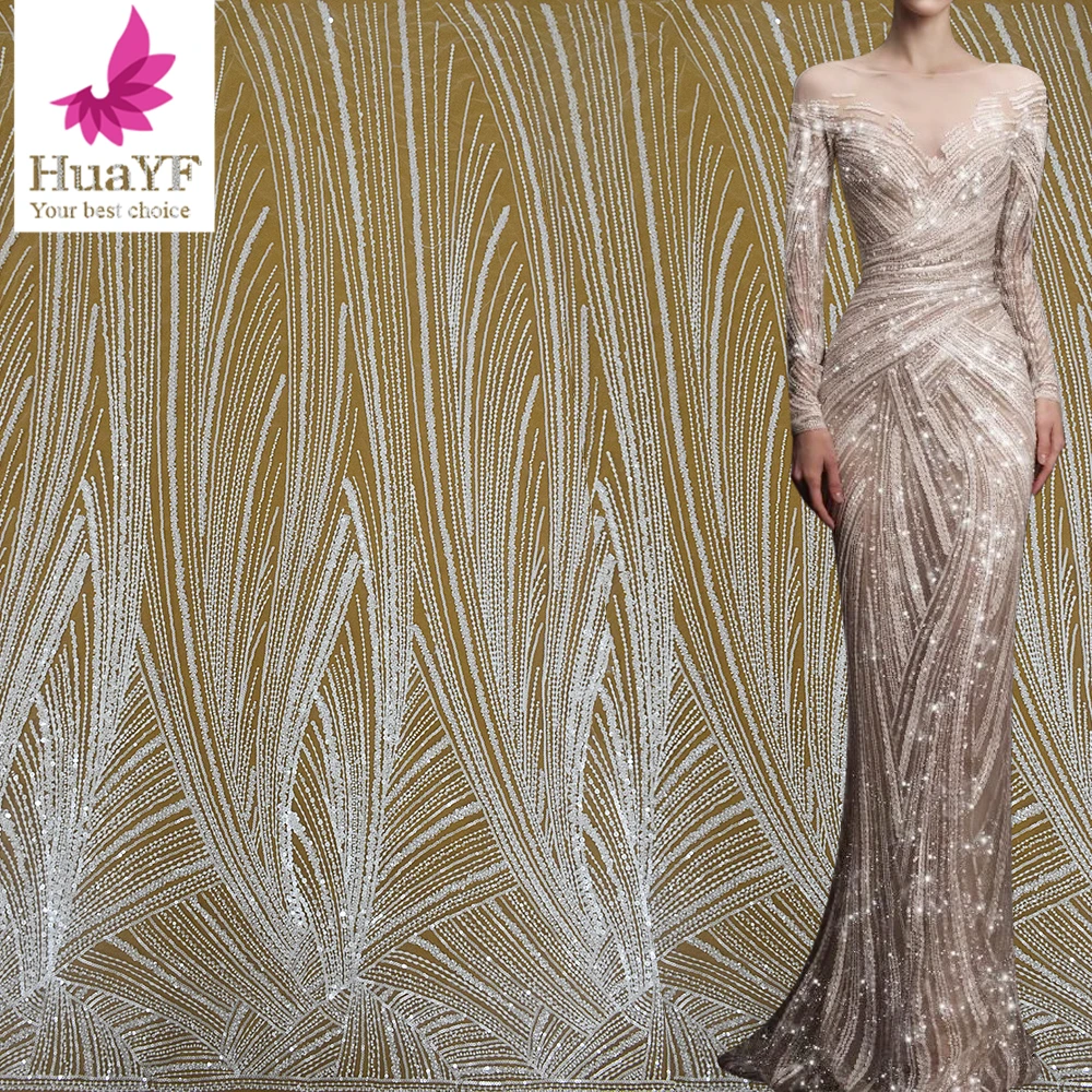 

Hot Sale French White Beaded Sequins Lace Embroidery Wedding Bridal Dress Fabric 5 Yards Wholesale HY2310-2