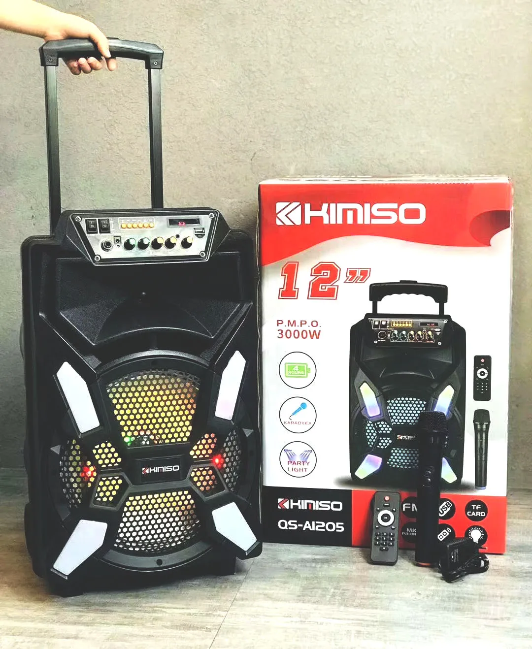 

QS-A1205 Lowest Price Bass Speaker KIMISO 12 Inch Big Rod Speaker With Wireless Microphone