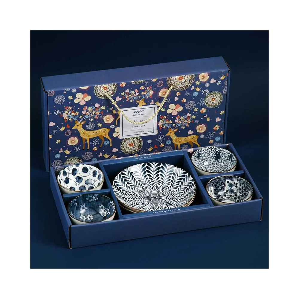 

6-piece ceramic tableware blue gift Japanese 4 pieces bowl 2 Plate 1 plate set with exquisite gift box High Temper