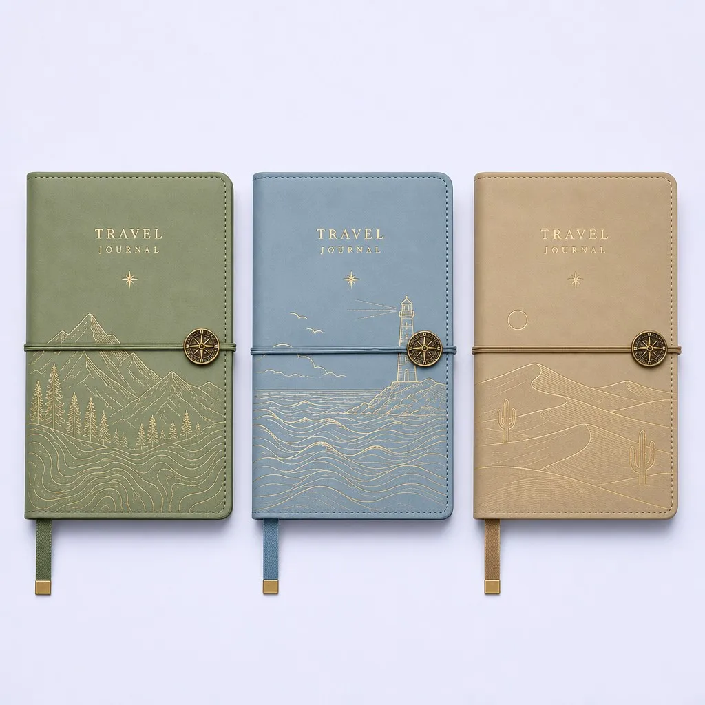 Custom Travel Journals - Trio Palette with Compass Charm Elastic Bands