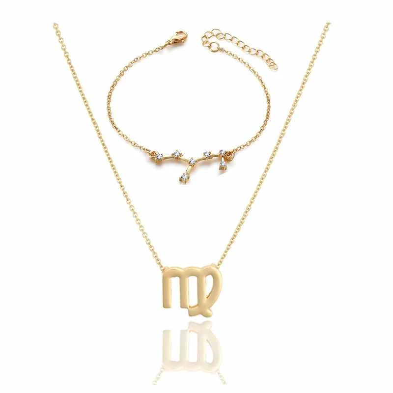 

2Pcs/Set Fashion Zodiac Sign Zircon Necklace Bracelet Card Set, Gold