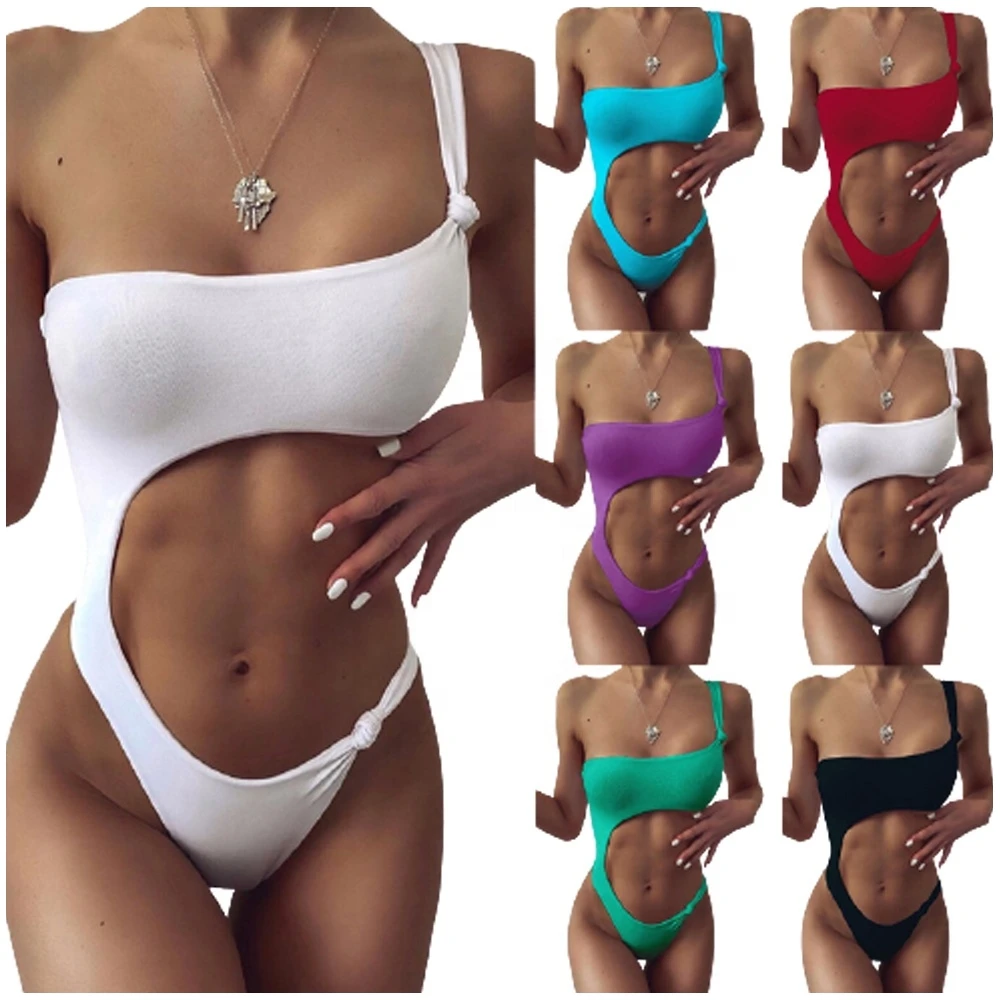 

2021 Women Bikini One Piece Solid Color Sexy Swimwear One Shoulder Cut Out Swimsuit, As show or customized