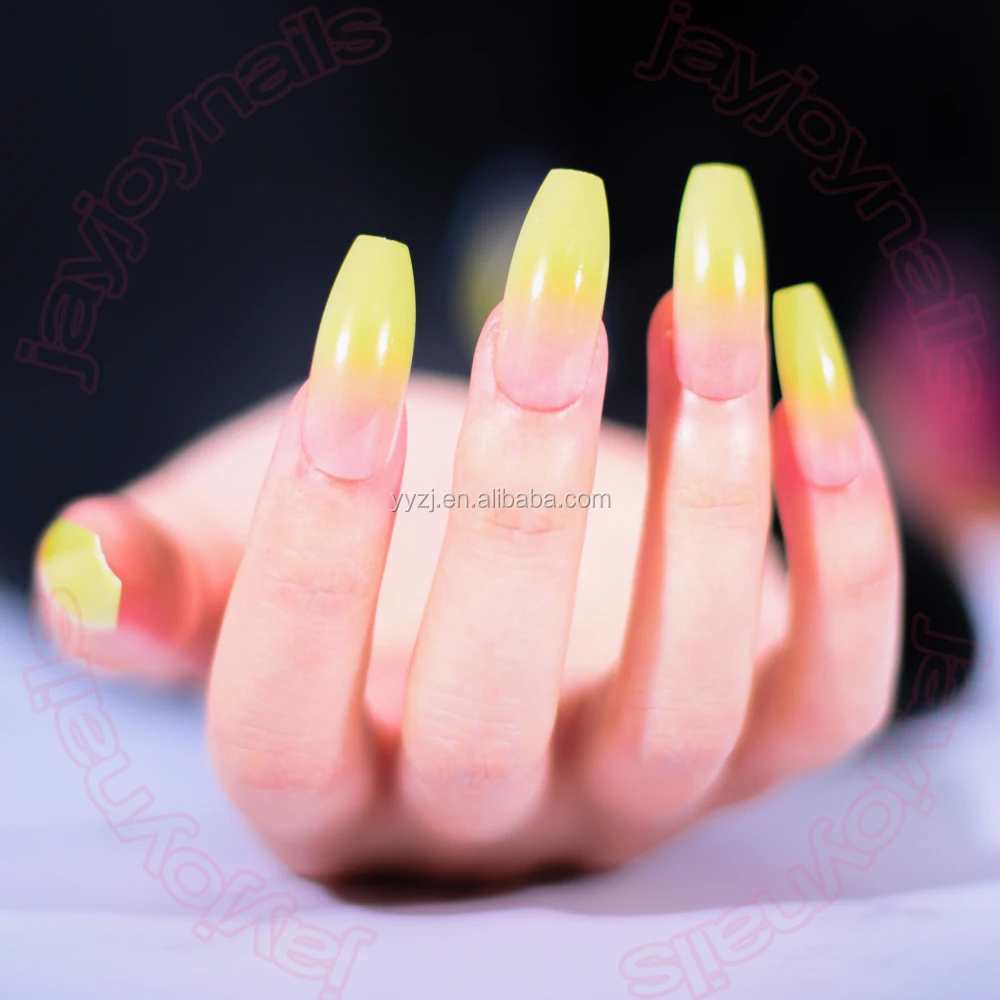 

Hot Ombre bright yellow pinkish Long Coffin Press on False Nails for Daily Use