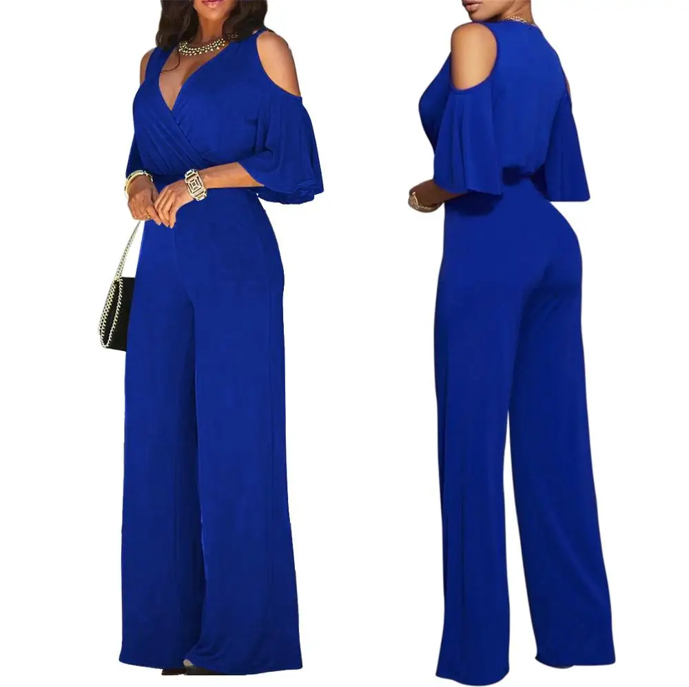 

woman 6 colors v neck cut out wide legs sexy fashion loose sleeve design one piece jumpsuit