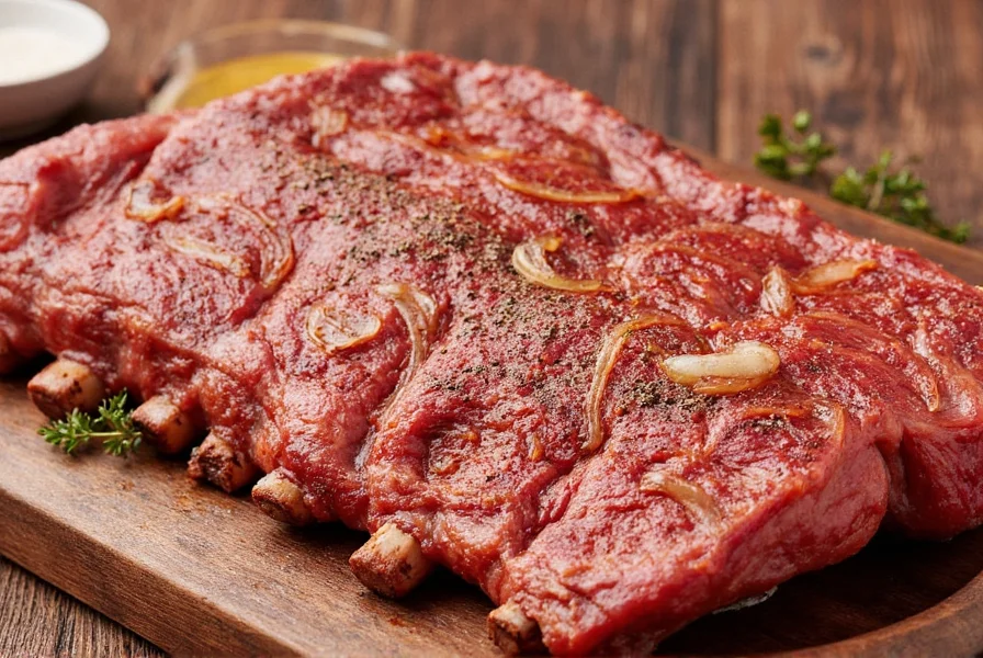 Finished pork ribs plated with sauce and sides