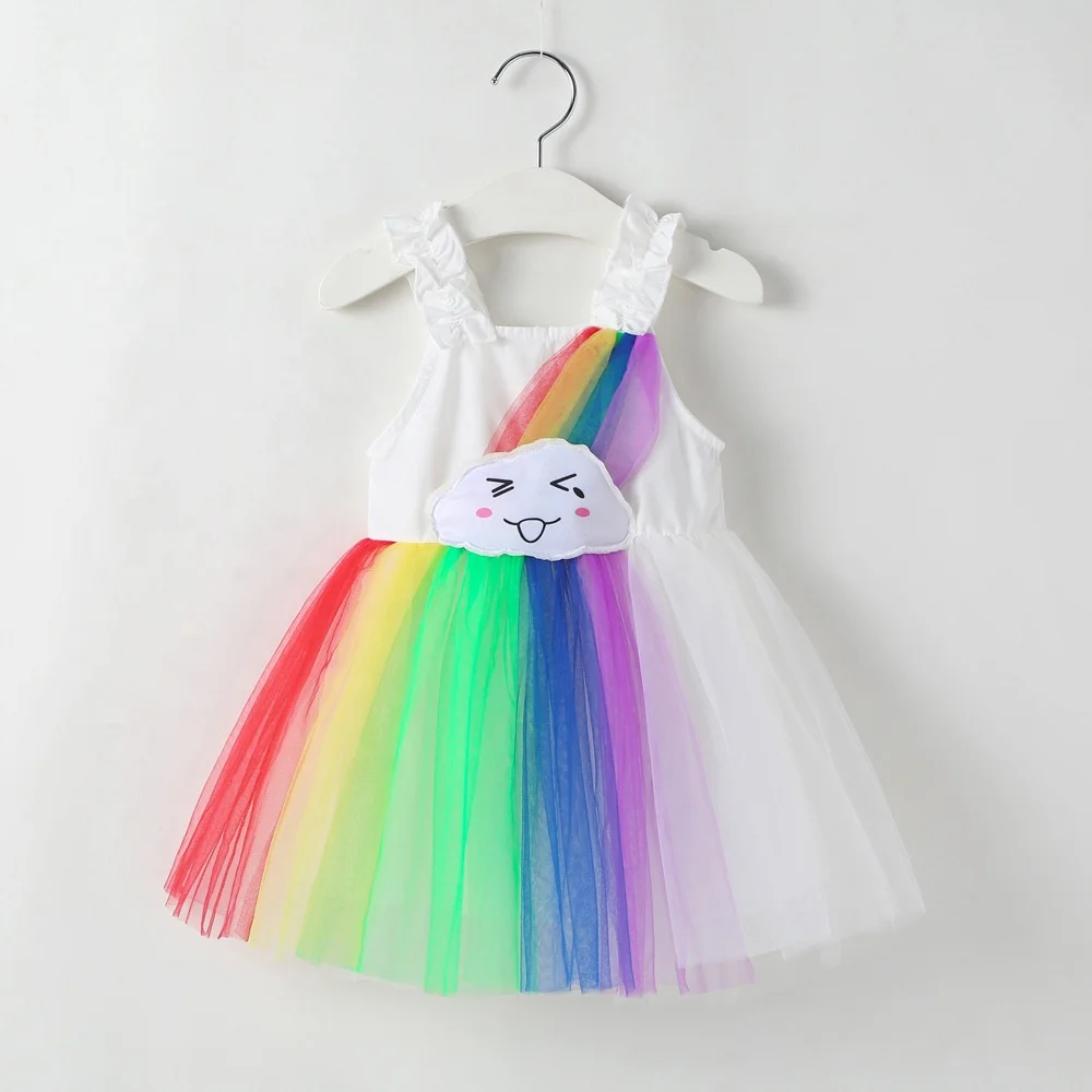 

Baby Girls Dress Rainbow Printing Sleeveless Tulle Lace Dress Color Dress