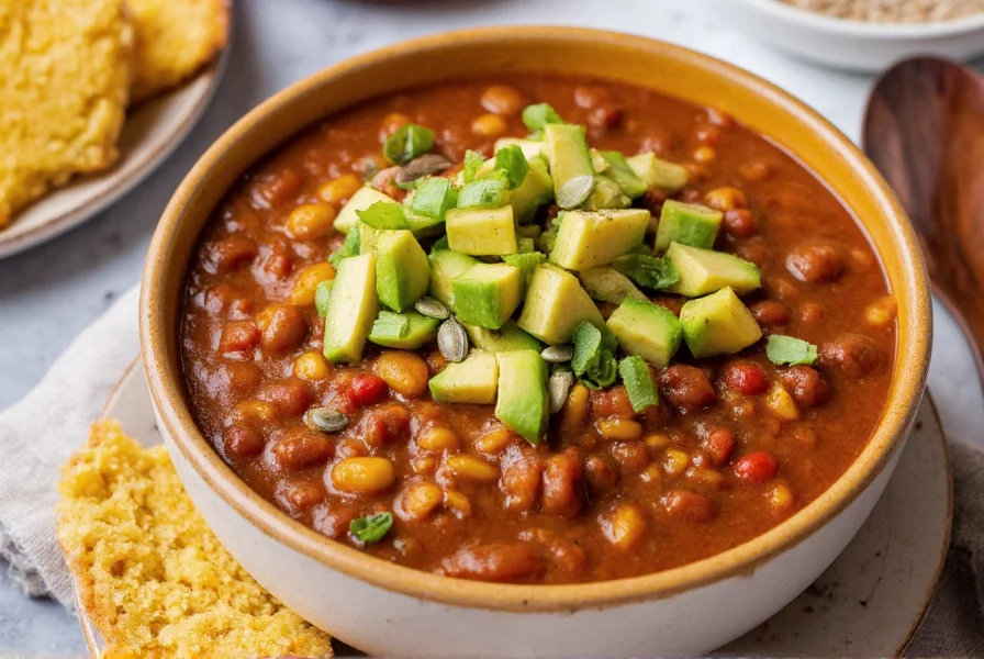 Bowl of pumpkin chili served with cornbread and various toppings including avocado and pumpkin seeds