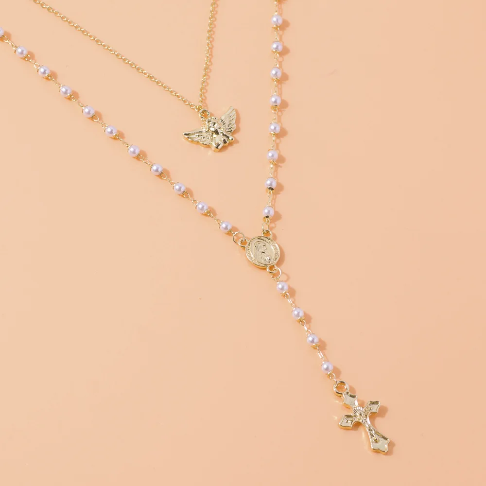 

HOVANCI vantage jewelry cremation necklace angle wing pendant necklace pearl cross gold double layered necklace