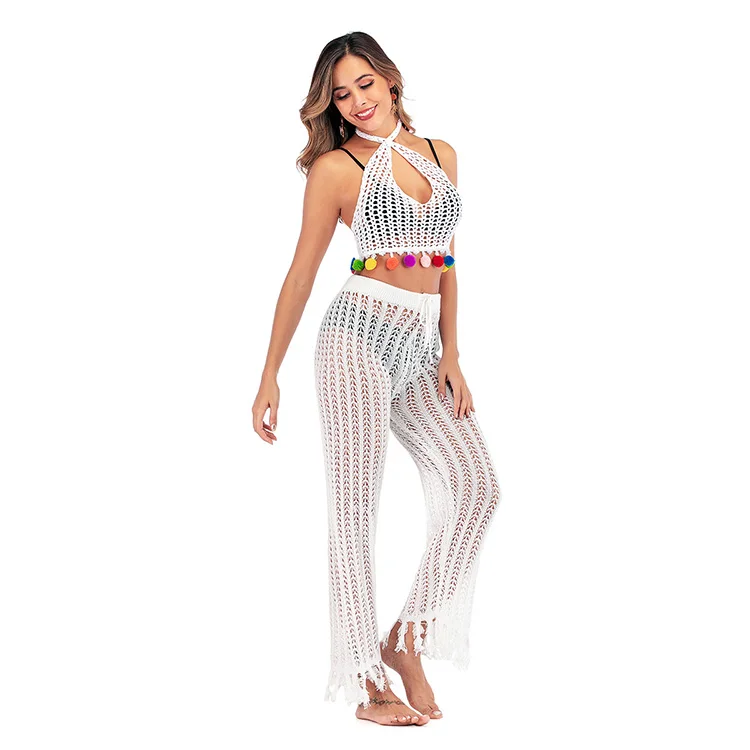 

Summer Beach Casual Hollow Knitted Fringed Trousers Ladies Swimwear Beachwear, White orange yellow