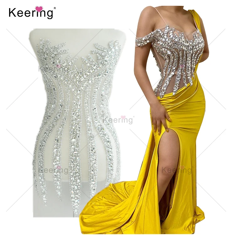 

High end Handmade Keering stock glass dress panel crystal bodice applique WDP-109, Silver/royal blue/gold/rose gold
