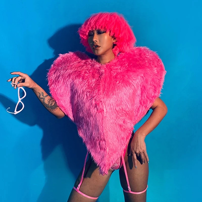 

WOMEN Gogo Costume Pink Plush Coat Bikini Suit Nightclub Dj Singer Dancer Performance Stage Clothing Rave Outfit