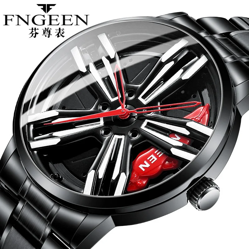 

FNGEEN Car Wheel Rotating Watch Trendy Personality Quartz Watches for Men Punk Car Flywheel Hollow Waterproof Wristwatch Reloj