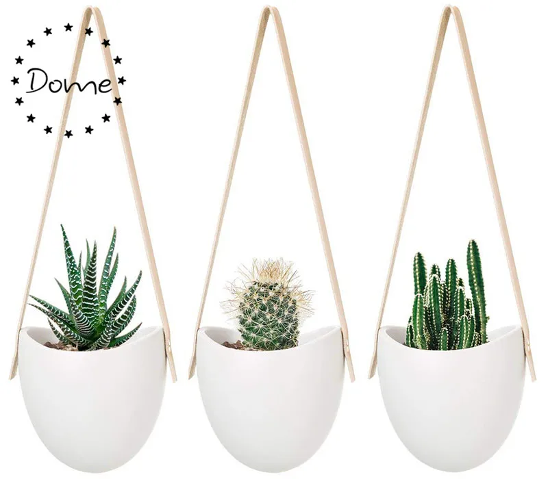

Set of 3 Nordic White Wall Flower pots indoor ceramic hanging plant pots with leather rope