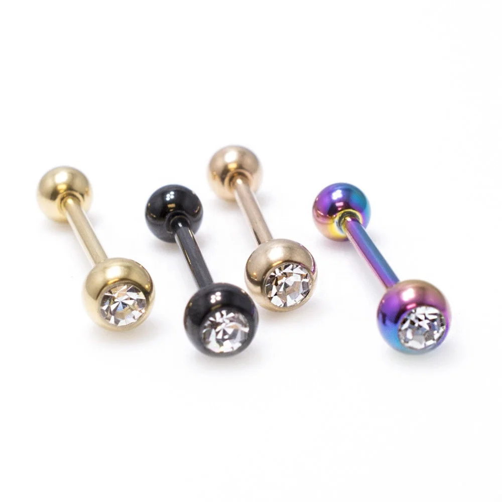 Bezel Setting Crystal Stainless Steel Straight Barbell Stainless Steel Tongue Ring Piercing Jewelry